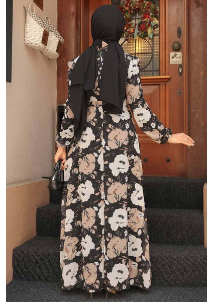 - Çiçek Desenli Siyah Tesettür Elbise 27939S modelleri