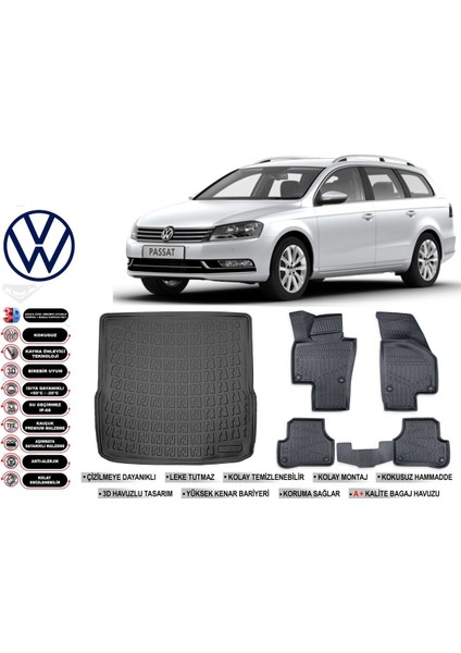 Volkswagen Passat B7 Variant 2014 Model Bagaj Havuzu Araca Özel Siyah Extra Havuzlu Paspas Takımı