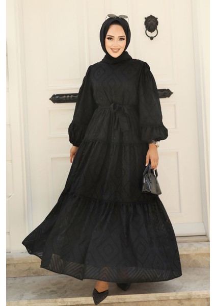 Kemerli Siyah Tesettür Elbise 14131S
