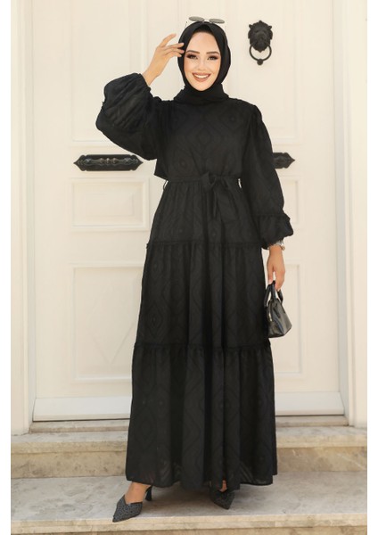 Kemerli Siyah Tesettür Elbise 14131S fiyatları