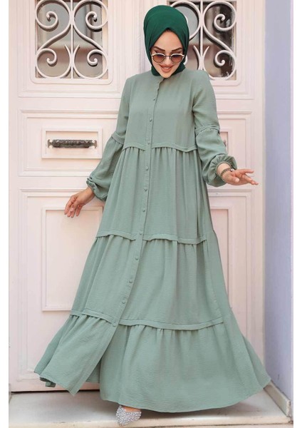 Düğmeli Çağla Yeşili Tesettür Elbise 5850CY fiyatları