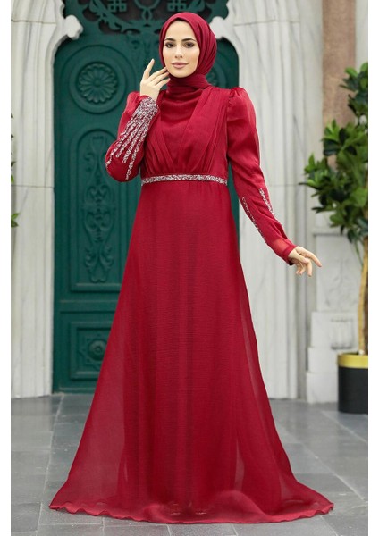 Tesettürlü Abiye Elbise - Boncuk Işlemeli Bordo Tesettür Abiye Elbise 25854BR