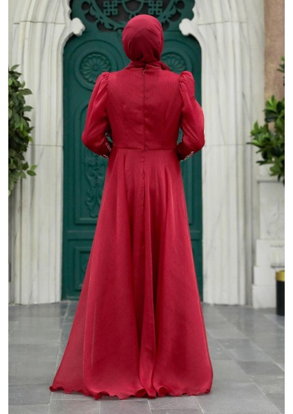 Tesettürlü Abiye Elbise - Boncuk Işlemeli Bordo Tesettür Abiye Elbise 25854BR fiyatları