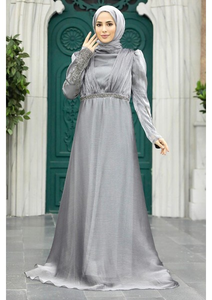 Tesettürlü Abiye Elbise - Boncuk Işlemeli Füme Tesettür Abiye Elbise 25854FU fiyatları