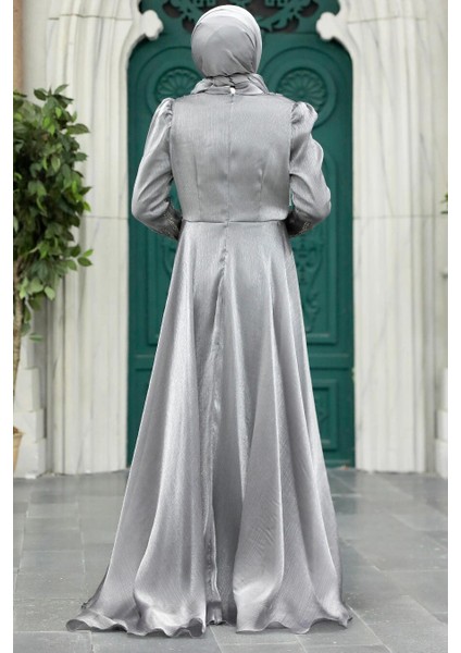 Tesettürlü Abiye Elbise - Boncuk Işlemeli Füme Tesettür Abiye Elbise 25854FU modelleri