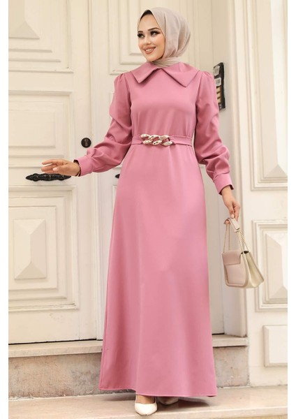 - Zincir Detay Kemerli Gül Kurusu Tesettür Elbise 3420GK
