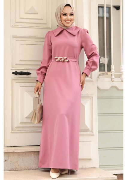- Zincir Detay Kemerli Gül Kurusu Tesettür Elbise 3420GK fiyatları