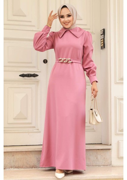 - Zincir Detay Kemerli Gül Kurusu Tesettür Elbise 3420GK modelleri