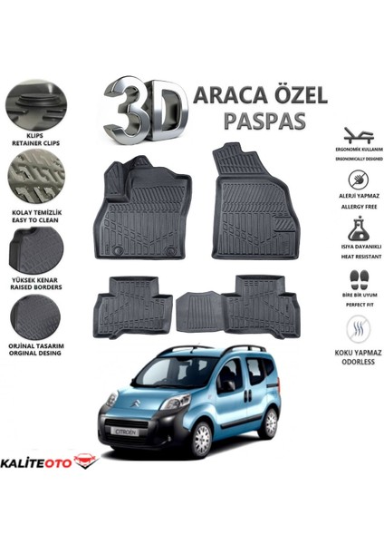 Citroen Nemo 2008 Model Tam Uyumlu Kokusuz 3D Havuzlu Paspas