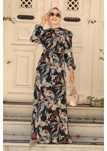 - Çiçek Desenli Siyah Tesettür Elbise 27941S fiyatları