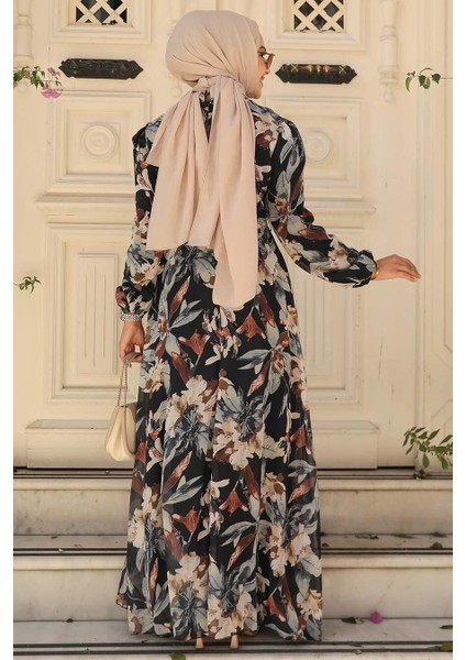 - Çiçek Desenli Siyah Tesettür Elbise 27941S modelleri