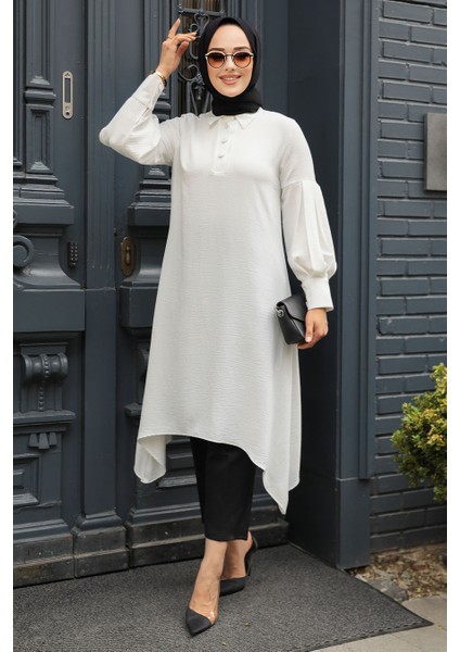 - Asimetrik Detaylı Ekru Tesettür Tunik 615E