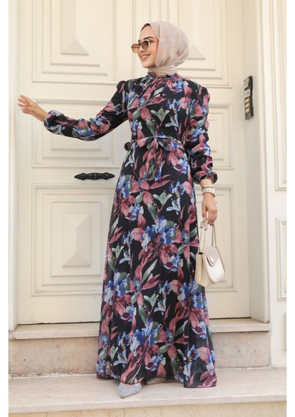 - Çiçek Desenli Gül Kurusu Tesettür Elbise 27941GK