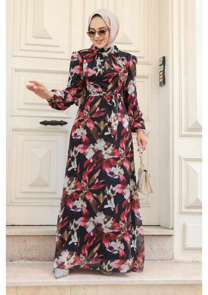 - Çiçek Desenli Kırmızı Tesettür Elbise 27941K