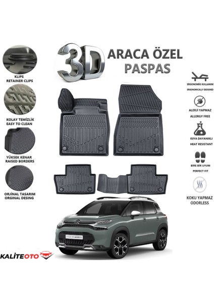 Citroen C3 Aircross 2022 Model Tam Uyumlu Kokusuz 3D Havuzlu Paspas