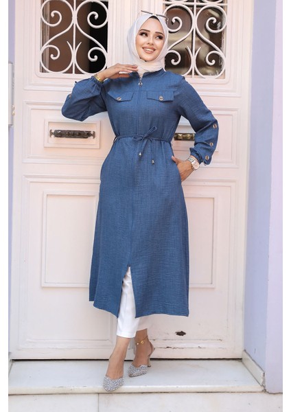 Düğmeli Koyu Mavi Tesettür Tunik 645KM