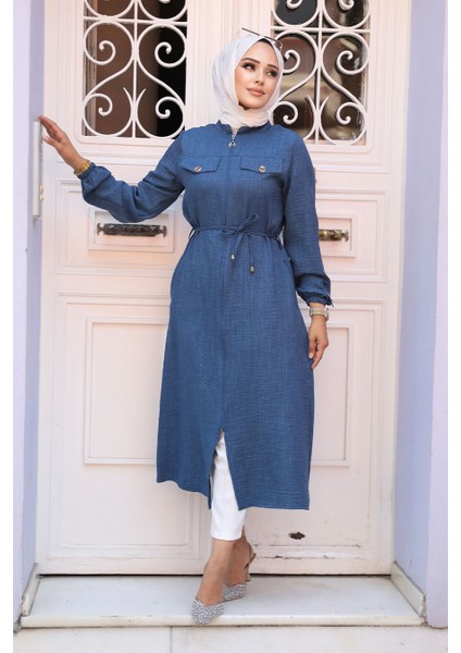 Düğmeli Koyu Mavi Tesettür Tunik 645KM fiyatları