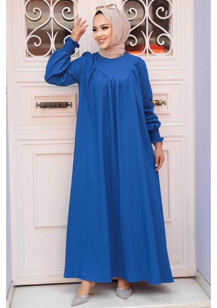 Drape Detaylı Indigo Mavisi Tesettür Elbise 23211IM