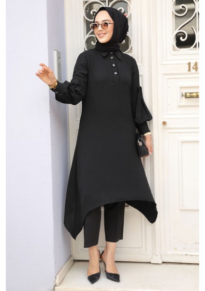 - Asimetrik Detaylı Siyah Tesettür Tunik 615S