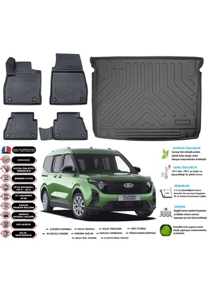 Ford Tourneo Courier 2024 ve Sonrası 3D Bagaj Havuzu+3d Araca Özel Paspas Takımı Birebir Uyumlu