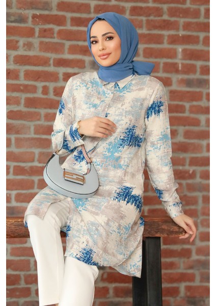 Desenli Indigo Mavisi Tesettür Tunik 11677IM
