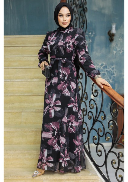 - Çiçek Desenli Gül Kurusu Tesettür Elbise 279322GK