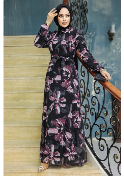 - Çiçek Desenli Gül Kurusu Tesettür Elbise 279322GK modelleri