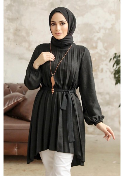 - Pileli Siyah Tesettür Tunik 41233S