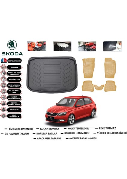 Skoda Fabia 2019 Model Bagaj Havuzu+Araca Özel Bej Paspas Takımı Flex