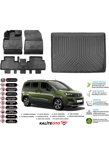 Peugeot Rifter 2025 Model Seperatörlü Esnek Bagaj Havuzu Araca Özel Siyah Paspas Takımı