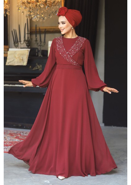 Tesettürlü Abiye Elbise - Boncuk Detaylı Bordo Tesettür Abiye Elbise 22153BR