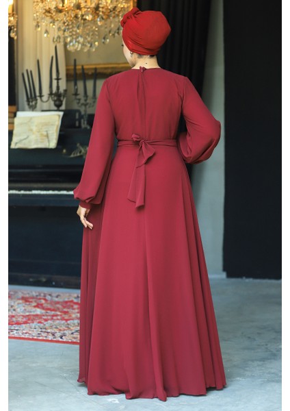 Tesettürlü Abiye Elbise - Boncuk Detaylı Bordo Tesettür Abiye Elbise 22153BR fiyatları