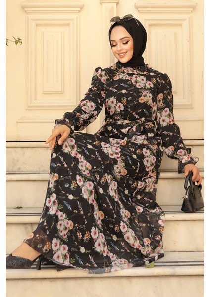 - Çiçek Desenli Siyah Tesettür Elbise 29711S fiyatları