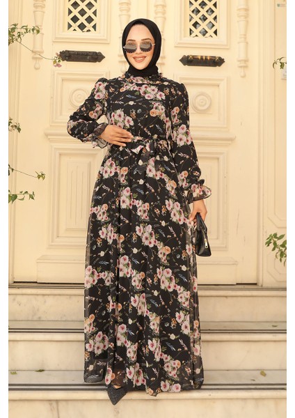- Çiçek Desenli Siyah Tesettür Elbise 29711S modelleri