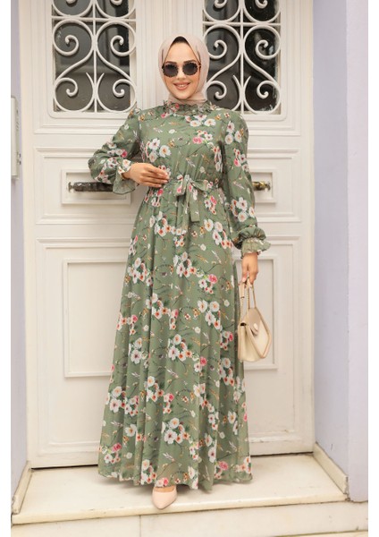 - Çiçek Desenli Haki Tesettür Elbise 29711HK
