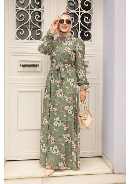 - Çiçek Desenli Haki Tesettür Elbise 29711HK fiyatları