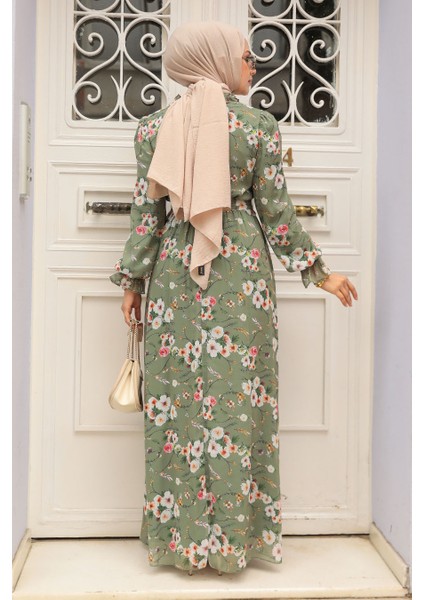 - Çiçek Desenli Haki Tesettür Elbise 29711HK modelleri