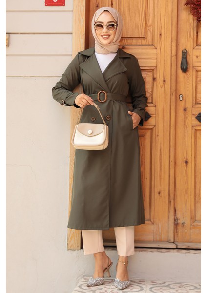 Tokalı Kemerli Haki Tesettür Trençkot 5942HK