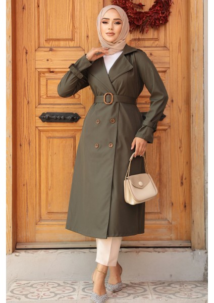 Tokalı Kemerli Haki Tesettür Trençkot 5942HK fiyatları