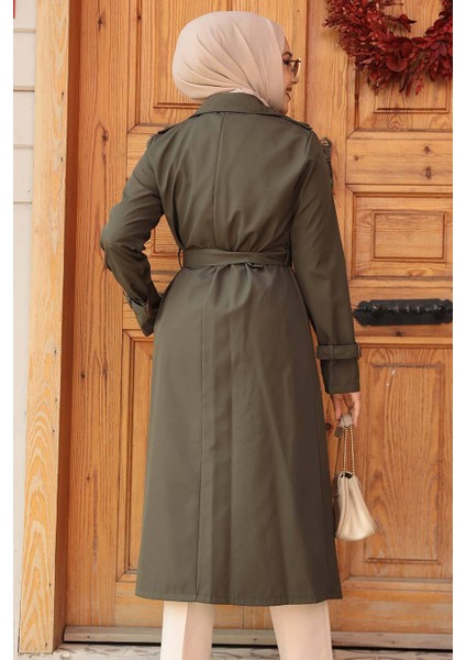 Tokalı Kemerli Haki Tesettür Trençkot 5942HK modelleri