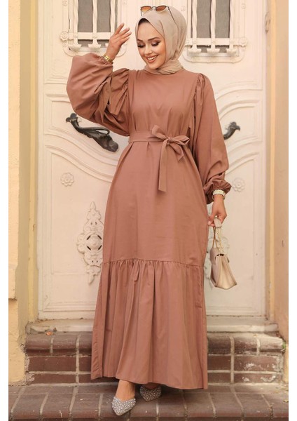 Kemerli Koyu Vizon Tesettür Elbise 57350KV