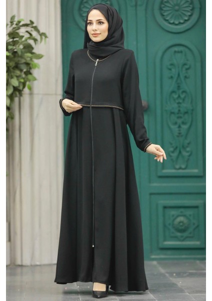 - Fermuarlı Siyah Tesettür Rabia Krep Ferace 617S