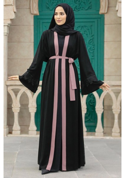 Kemerli Açık Gül Kurusu Tesettür Abaya 55440AGK
