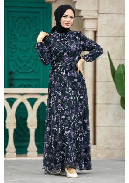 Çiçek Desenli Siyah Tesettür Elbise 279044S