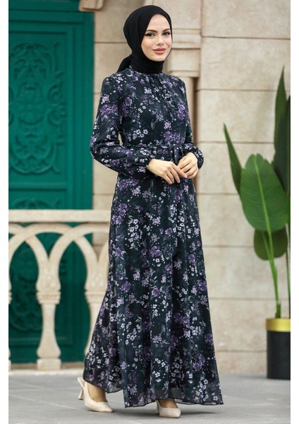 Çiçek Desenli Siyah Tesettür Elbise 279044S fiyatları