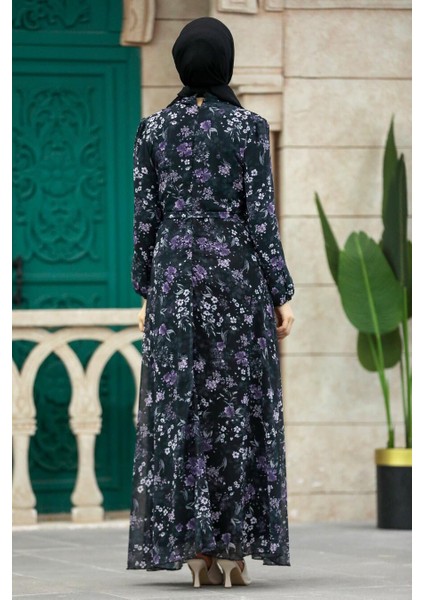 Çiçek Desenli Siyah Tesettür Elbise 279044S modelleri