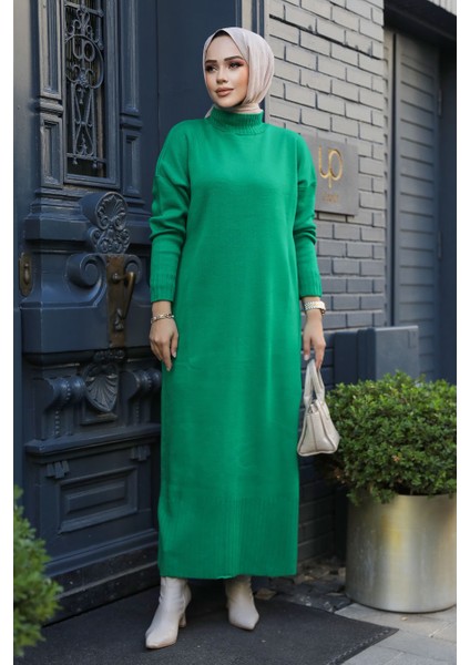 Yeşil Tesettür Triko Elbise 3409Y
