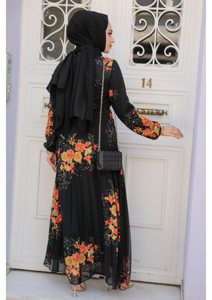 Çiçek Desenli Siyah Tesettür Elbise 503501S indirimleri