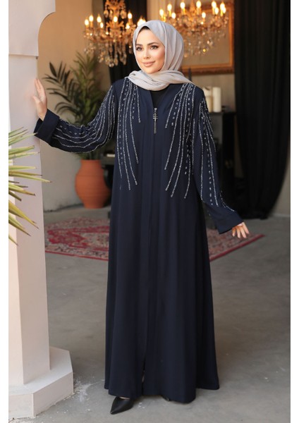 Boncuk Işlemeli Lacivert Tesettür Abaya 29111L