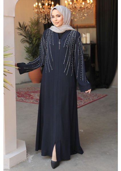 Boncuk Işlemeli Lacivert Tesettür Abaya 29111L fiyatları
